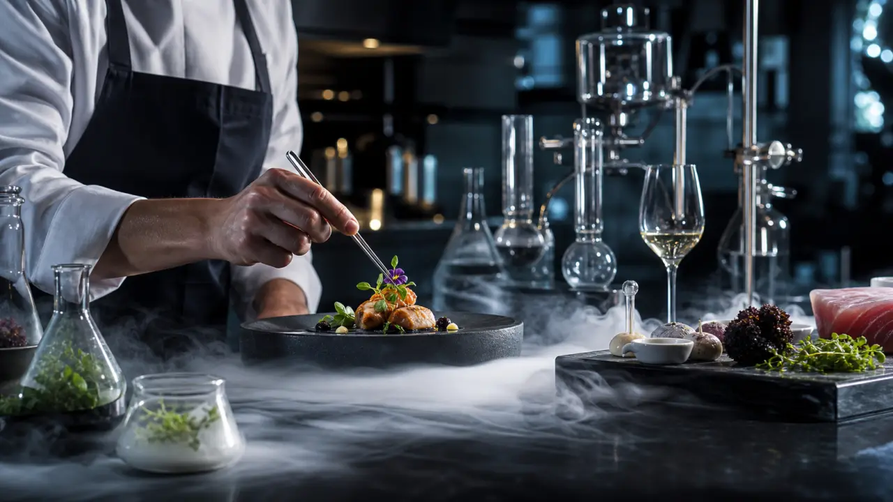 Plat de gastronomie moléculaire en clair-obscur, fumée d'azote liquide et assiette noire texturée
