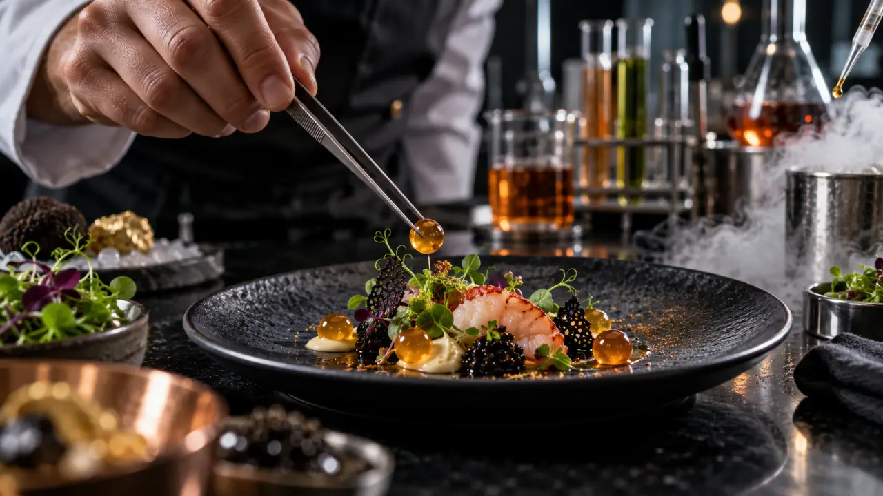 Sphère culinaire brillante dans une assiette noire de gastronomie expérimentale