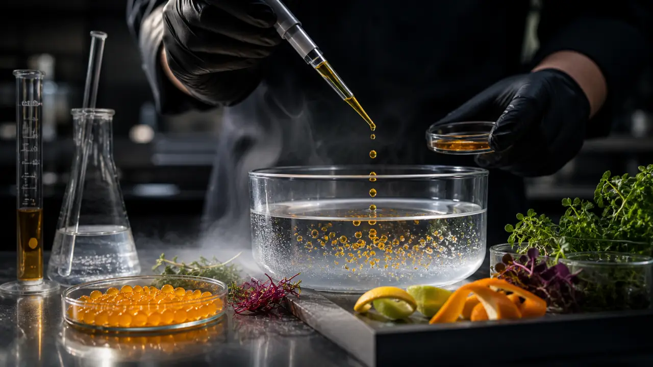 Photographie macro d'une sphérification gastronomique sur assiette noire, ambiance dramatique de laboratoire culinaire