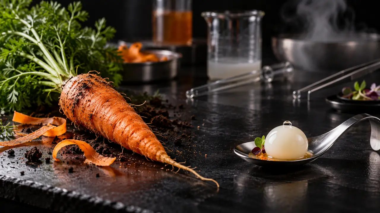 Perle lactée inspirée de la carotte, dressée dans une assiette de gastronomie expérimentale