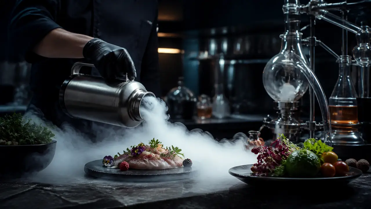 Plat de gastronomie moléculaire sous lumière dramatique