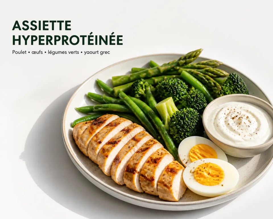 Recette hyperprotéiné d'assiette complète avec poulet grillé, œufs durs, légumes verts et yaourt grec