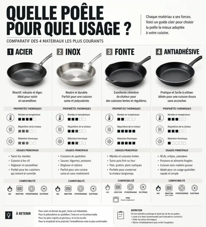 Infographie comparative pour savoir quel poêle choisir selon le matériau et l'usage culinaire