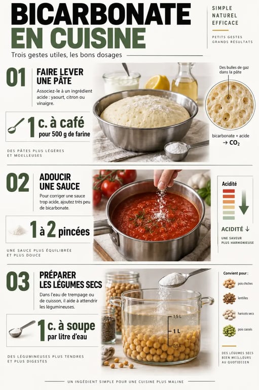 Infographie sur le bicarbonate dans la cuisine et ses dosages selon les usages
