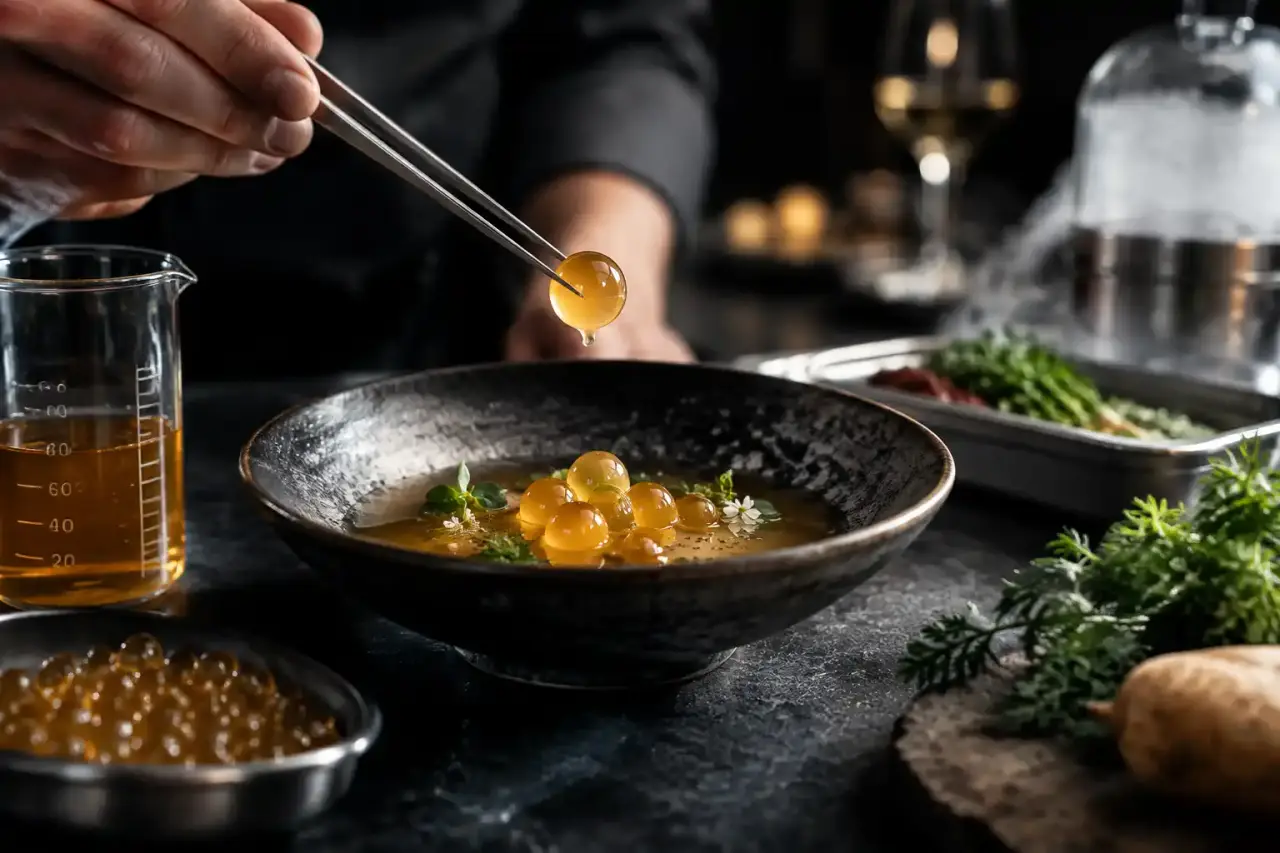 Sphère de bouillon de terroir déposée dans une assiette noire de gastronomie expérimentale
